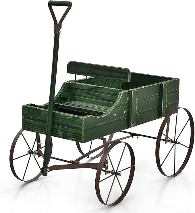DORTALA Wood Wagon Planter, Outdoor Garden Flower Planter Cart with Wheels, Small Decorative Wood Raised Bed Plant Pot Box Stand for Backyard, Patio, Balcony, Green