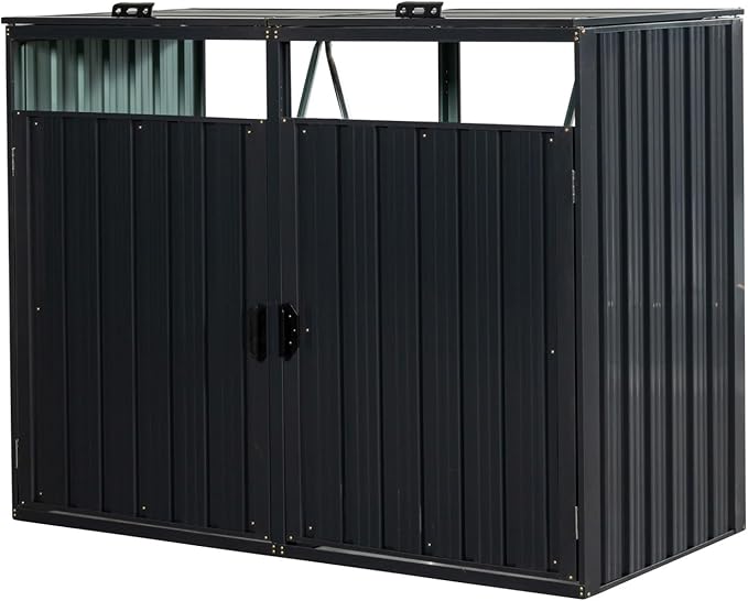 Outdoor Metal Garbage Bin Shed with 2 Doors Rustproof Scratch Resistant Lockable Design Easy Assembly for Garden Yard Lawn (62.99 x 31.49 x 48.03 Inches) Black One Size
