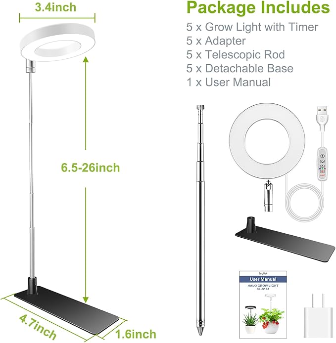 Kullsinss Grow Lights for Indoor Plants, 48 LEDs Full Spectrum Halo Plant Grow Light, Height Adjustable Growing Lamp with Detachable Base, 3/9/12Hrs Timer, 10 Brightness, 3 Color Modes, 5 Pack