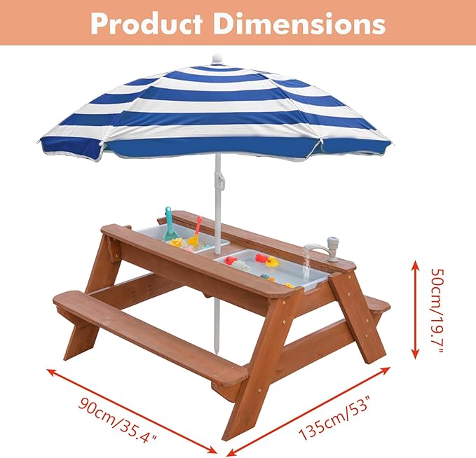 Kids 3-in-1 Sand & Water Table, Wood Outdoor Convertible Picnic Table w/Umbrella, 2 Trays, Removable Top with Faucet, Picnic Table for Outdoor Playset (Brown/Navy)