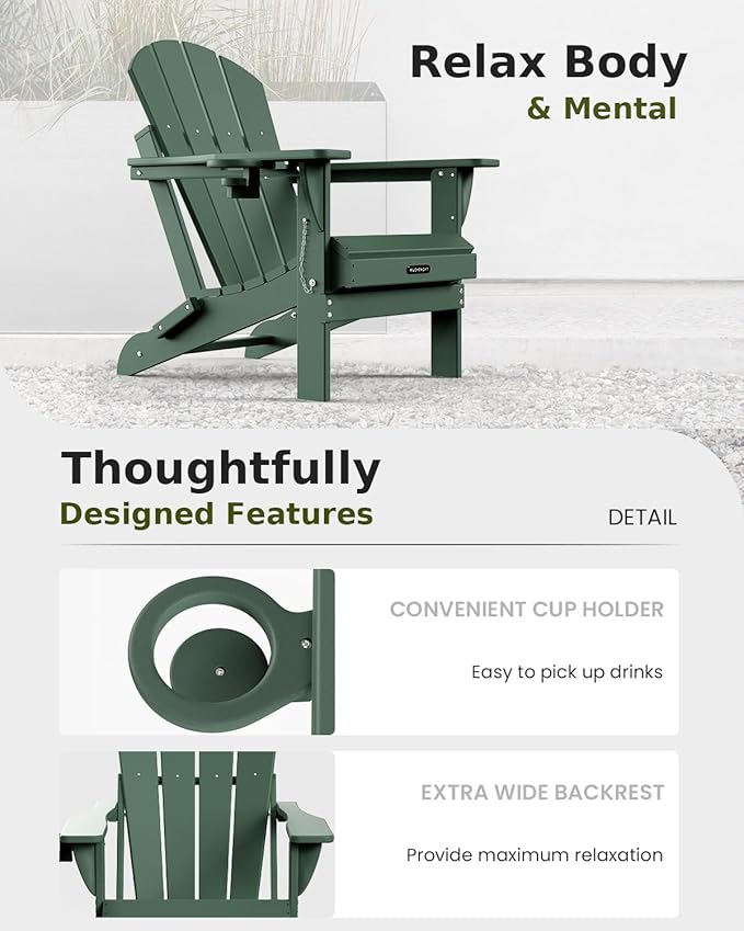 MUCHENGHY Folding Adirondack Chairs, Patio Chairs, Lawn Chairs, Outdoor Chairs, Adirondack Chair Plastic, Fire Pit Chairs, Weather Resistant with Cup Holder for Deck, Backyard, Garden(Green)