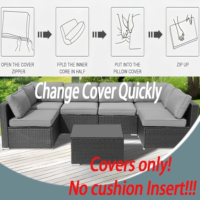 14Pcs Outdoor Cushion Covers Replacement Washable w/Zipper for 6-Seaters Sofa Patio Slipcovers Set Seat and Back Covers Only-23.6x23.6x4inch