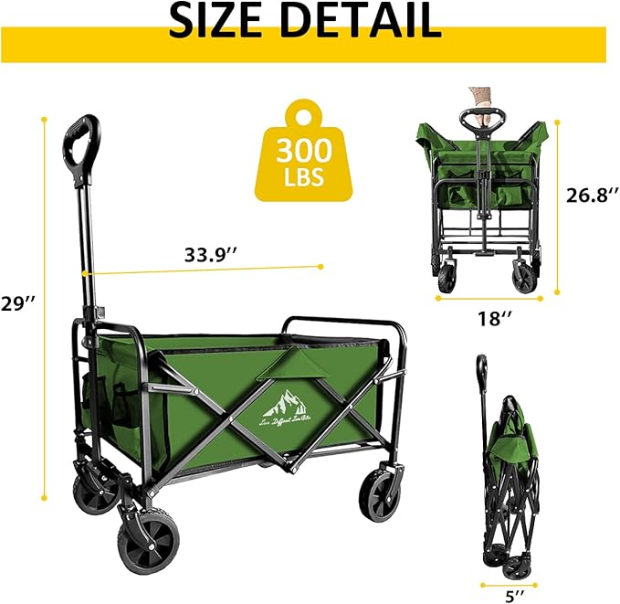 Foldable Wagon Cart, Collapsible Wagon Cart with Heavy Duty Wheels, 220Ibs Portable Folding Utility Wagon for Groceries, Beach, Camping, Outdoor Activities, Green