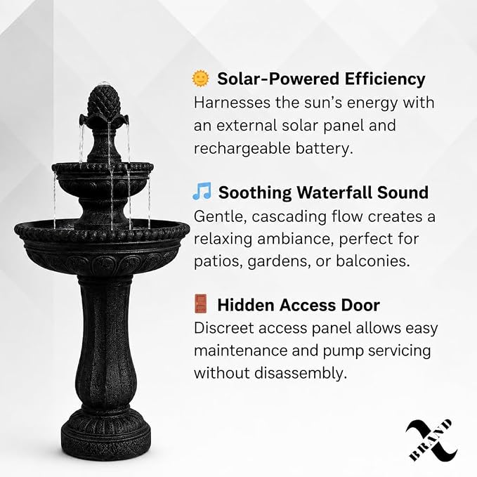 XBrand 39" 2-Tier Outdoor Freestanding Solar Water Fountain - Classic Design, Black Resin Bird Bath with Pump - Ideal for Yard, Lawn and Garden, Porch Décor