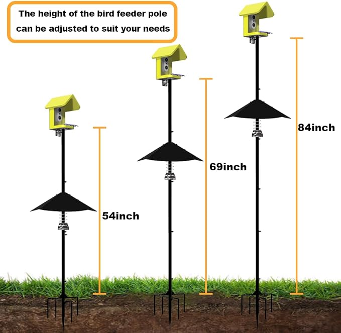 Smart Bird Feeder Pole with Metal Squirrel Baffle,92Inches Bird House Poles for Outdoors,1-Inch Dia Heavy-Duty Pole for Bird Feeder,Squirrel Proof Baffle with Stainless Steel Spring for Defense.