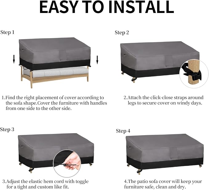 Easy-Going Waterproof Outdoor Couch Cover, Heavy Duty 4-Seater Patio Sofa Cover, Windproof Outdoor Furniture Cover with Air Vent (104Wx32.5Dx33H inch, Gray/Black)