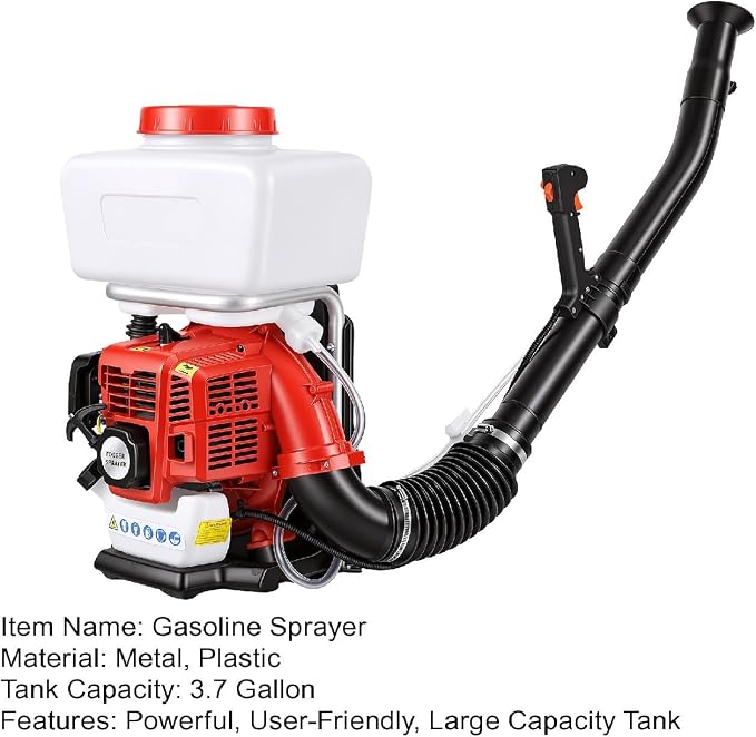 43cc Gas Powered Mosquito Fogger, Backpack Sprayer Cold Fogger with 3.7 Gallon Tank, Adjustable Liquid Spray Powder Duster for Orchard Farm Garden Yard Crop Spraying Control (Red)