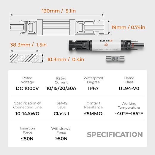 Solar Fuse Holder Inline 10Amp 1000V PV Fuses 10A Panel Fuse with Male and Female Connector for Panels Surge Protection Device 2 Pcs