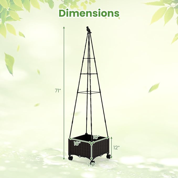HAPPYGRILL 71" Garden Trellis for Climbing Plants, Self-Watering Raised Garden Bed w/Obelisk Trellis, Lockable Wheels, Adjustable Height, Indoor Outdoor Vertical Planter Box for Flower, Vine (1)