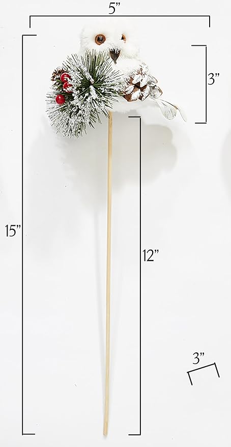 Worth Imports 3" Christmas Snow Owl with Artificial Pine and Berries on a 12" Wood Stick Floral Pick, Set of 3