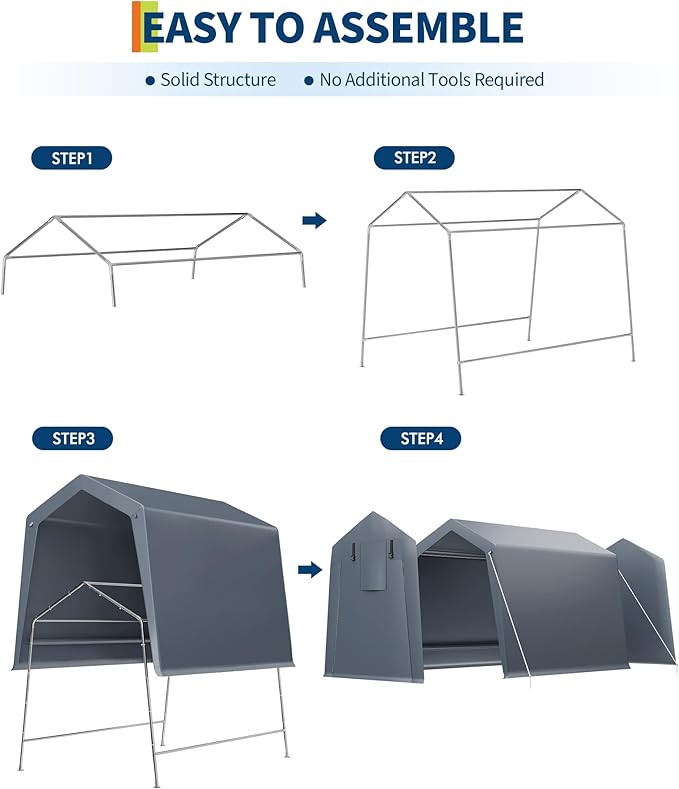GarveeLife 6x6 ft Portable Outdoor Storage Shed with Roll-Up Zipper Door & Vents, 240G Heavy-Duty Shelter Waterproof PE Tarp, UV-Resistant Carport for Motorcycle, Firewood, Tools -Gray