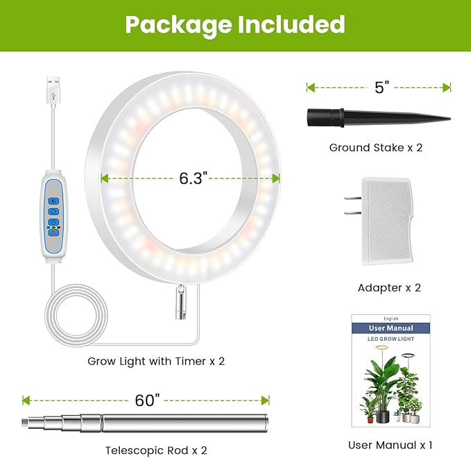 Kullsinss White Grow Light, Full Spectrum LED Plant Lights for Indoor Growing with 6/12/16H Timer, 3 Color Modes, 5 Brightness, 10"-65" Height Adjustable Growing Lamp for Large Indoor Plants, 2 Pack