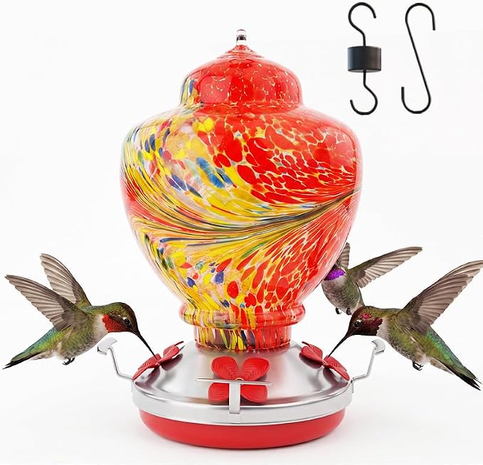 Hummingbird Feeder Colorful Blown Glass Outdoor Hummingbird Feeder with Ant Moat and 5 Feeding Ports for Outdoors Hanging Garden Decor, Bird Lovers (Red)