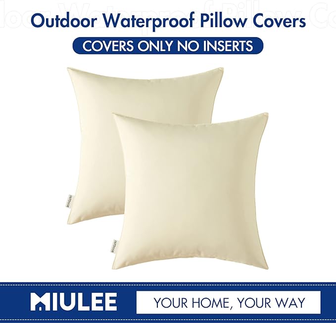 MIULEE Pack of 2 Decorative Outdoor Waterproof Pillow Covers Garden Cushion Sham Throw Pillowcase Summer Shell for Patio Tent Couch 18x18 Inch Beige
