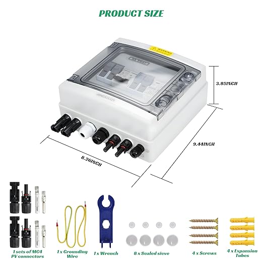 2 in 1 Out Solar Combiner Box,PV Combiner Box with 20A PV Fuse,DC 40A Circuit Breaker and Surge Protector,IP65 Solar Disconnect Switch Box for Indoor Outdoor Solar Panel System (2 in 1 Out 20A 500V)