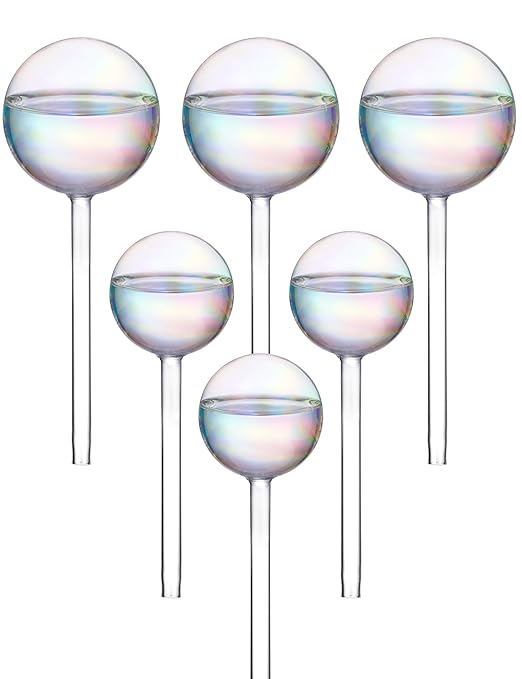 Tomorotec Iridescent Glass Self Watering Globes 6-Pack (3 Large+3 Small), Decorative Hand-Blown Rainbow Glass Watering Bulbs, Automatic Irrigation for Indoor & Outdoor Plants, Easy to Use and Maintain