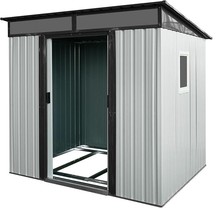 6FT x 5FT Outdoor Storage Shed, Heavy Duty Galvanized Steel Garden Shed with Sloped Roof, Sliding Lockable Doors, Punched Vents & Foundation Kit, Weather Resistant Tool Shed, White+Black with Window
