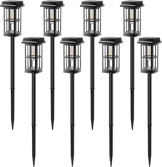 Garpar Solar Pathway Lights Outdoor 8 Pack, Window-Style with Metal Pole | 3500K Warm White, 2 Lighting Modes, Up to 18hrs Runtime, IP65 Waterproof, Ideal for Yard, Walkway, Driveway, Patio
