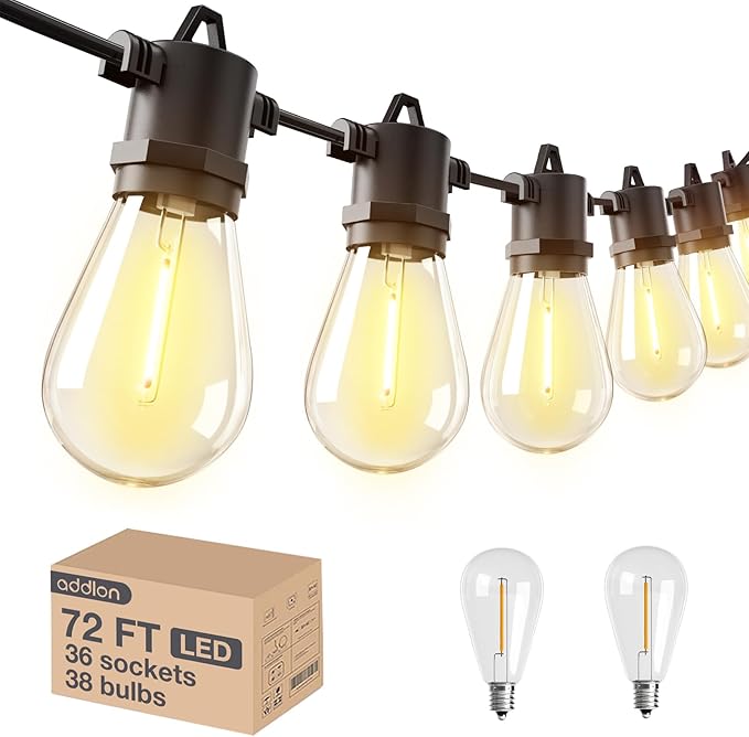 addlon 72FT(2FT Space) LED Outdoor String Lights with 36 Edison Shatterproof Bulbs, Heavy-Duty and Weatherproof Strand, Commercial Grade Patio Lights, Decorative for Patio, Black