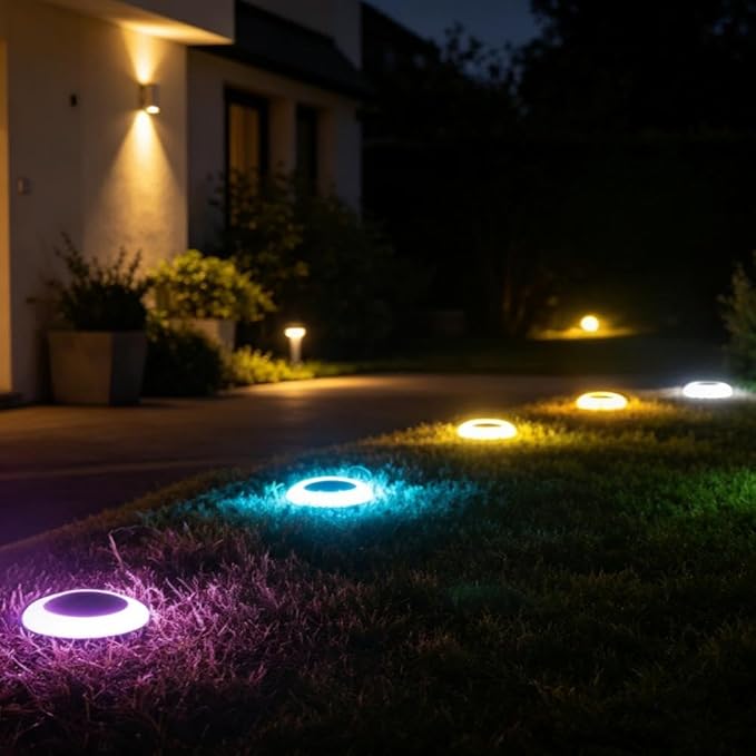 20 Lumens Colorized Solar Ground Lights,Solar Disc Lights with Mutiple Color Functions for Pool Area, Pathway, Patio, Yard, Path, Lawn and Garden