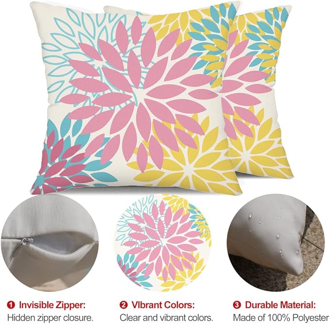 DFXSZ Pink Yellow Blue Flower Pillow Covers 18x18 Inch Set of 2 Outdoor Throw Pillows Outdoor Waterproof Decor for Living Room Sofa Patio Funiture Garden Floral Polyester Pillow Covers 012A18