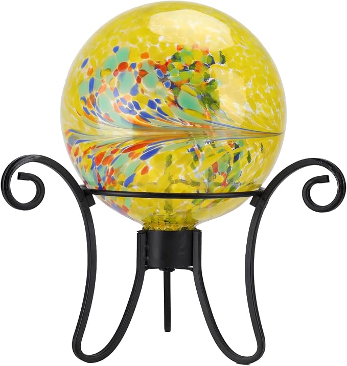 10 Inch Gazing Ball Glass Reflective Garden Globe Outdoor Gazing Globe Yard Ornament for Garden Yard Home Outdoor Decoration Yellow, NOT Solar