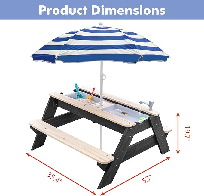 Kids 3-in-1 Sand & Water Table, Wood Outdoor Convertible Picnic Table w/Umbrella, 2 Trays, Removable Top with Faucet, Picnic Table for Outdoor Playset (Black/Navy)