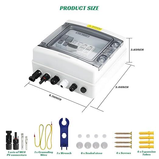 1 in 1 Out Solar Combiner Box,PV Combiner Box with 20A PV Fuse,DC 20A Circuit Breaker and Surge Protector,IP65 Solar Disconnect Switch Box for Indoor Outdoor Solar Panel System (1 in 1 Out 20A 1000V)