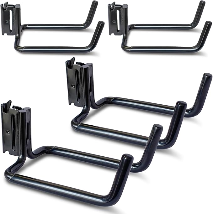 4-Pack Heavy-Duty E-Track Double J Hooks with Extra Rubberized Dip-Coating - Steel Tool Hanger for Long Handled Tools, Trailers & Garden Storage