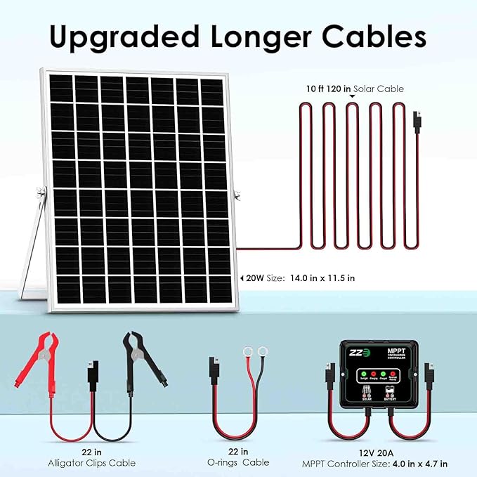 Solar Powered Battery Charger Trickle Maintainer, 20W 12V Solar Panel Kits MPPT Charge Controller with 8 Protections Function IP68 Waterproof for RV Trailer Marine Car Motorcycle (1, Black)