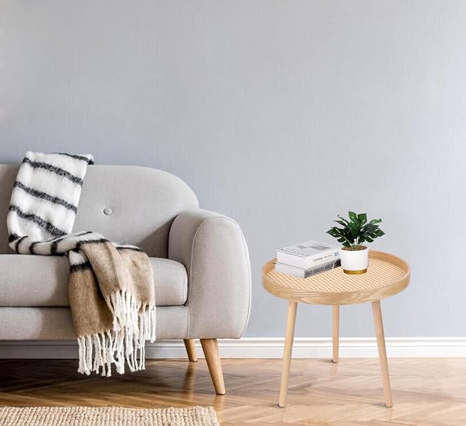 Round Coffee Table Set of 2, Natural Boho Coffee Tables, Small Mid Century Modern Rattan Coffee Table, Boho Side Table End Tables for Living Room Bedroom Office