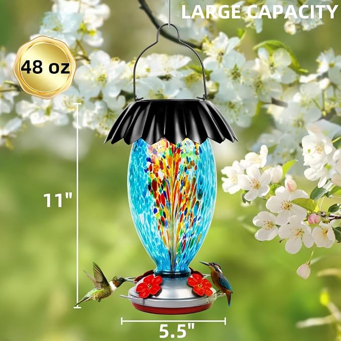 Solar Hummingbird Feeder for Outdoors Hanging Colorful Lighting 32 Oz Hand Blown Glass Hummingbird Feeder for Garden Decoration with Accessories (Color)