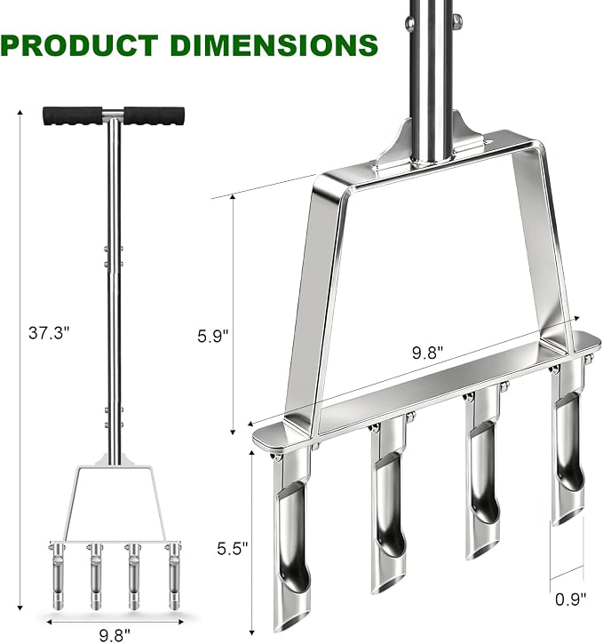 Core Aerator Lawn Tool Manual Lawn Aerator Tool with 4 Hollow Tines Non-Clogging Heavy Duty Plug Aerator for Soil Loosening Lawn Aeration, Revives Lawn Health,Garden Tool