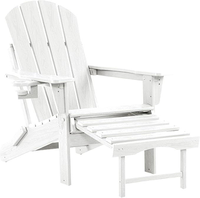 Adjustable Adirondack Rocking Chair with Retractable Ottoman, 4-in-1 Multifunctional Folding Patio Chair with Cup Holder, Outdoor Chair Wood Texture for Lawn,Porch, Backyard,Pool(White)