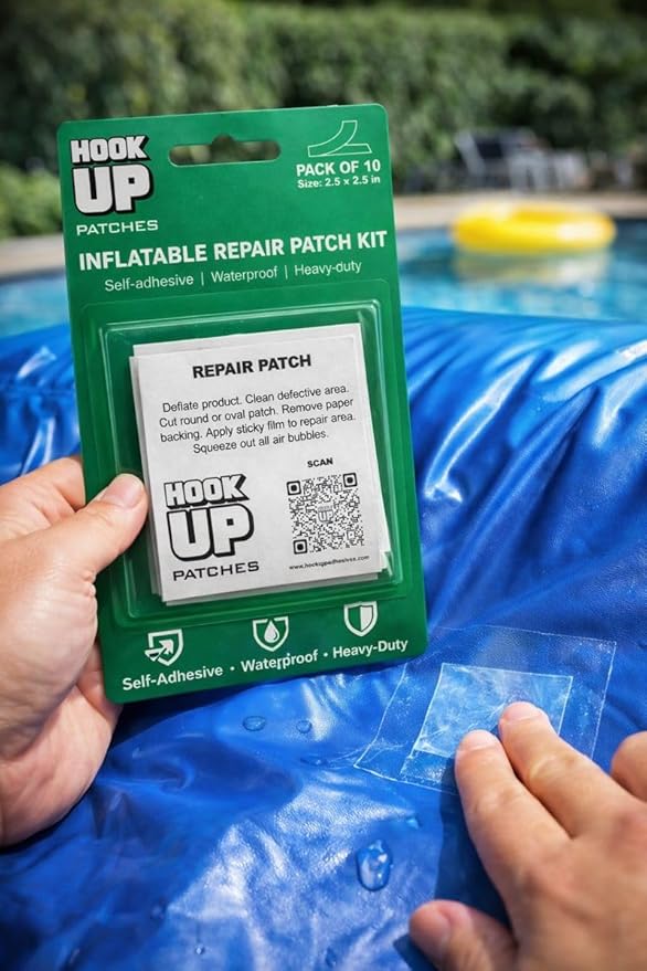 HOOK UP Inflatable Repair Patches – Heavy Duty Peel & Stick Patch Kit for Pool Floats, Air Mattresses, Inflatables & PVC – Waterproof, No Glue Needed (10 Pack) (2.5” x 2.5”, Pack of 10)