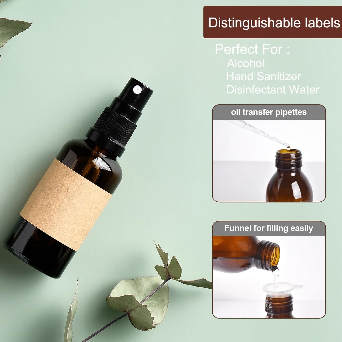4 oz Amber Glass Spray Bottles - Small Empty Fine Mist Spray Bottle for Essential Oil,Face - Mini Dark Spray Bottles with,Included 6 Sprinkler, 1Funnels,1 Droppers, 4 Labels