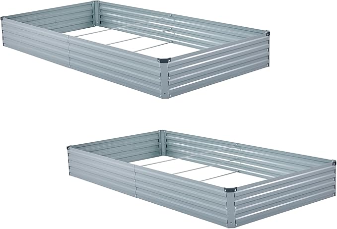 Meberam 2 Pack 8x4x1FT Galvanized Raised Garden Bed Kit, Outdoor Metal Planter Box for Vegetables, Bottomless Rectangular Gardening Bed with Support Rods, Tool-Free Assembly, Gray