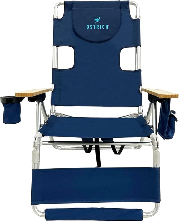 Ostrich the Woody Backpack 3N1 Portable Chair with Cooler Bag and Reclining Lounger for Tanning, Camping, Beach, and Outdoor Essential, Navy Blue