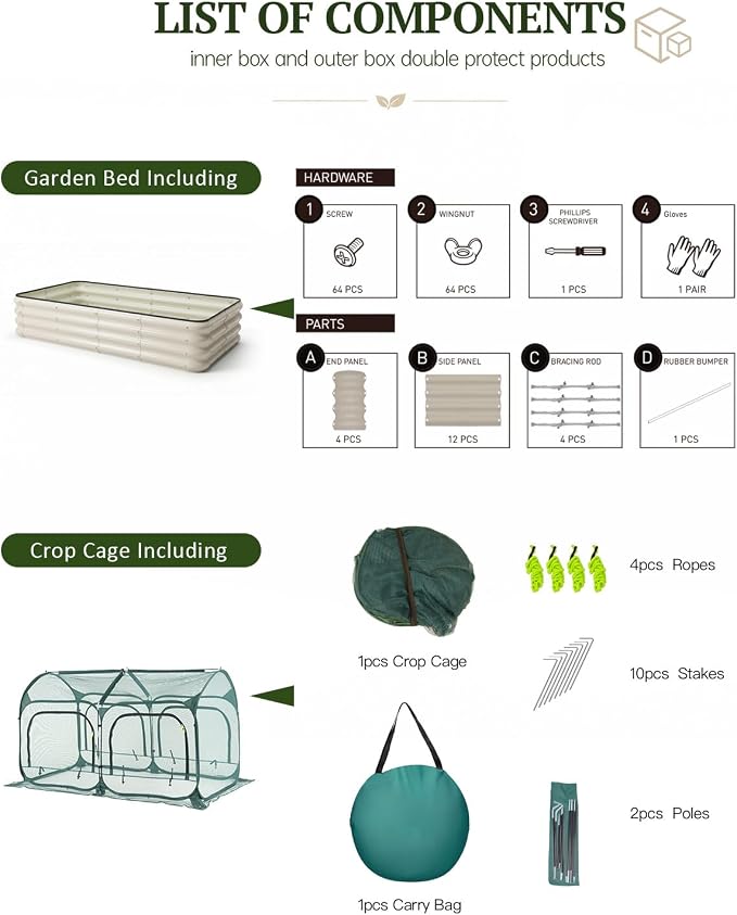 PORAYHUT All-in-One Raised Garden Bed and Crop Cage Kit, Metal Outdoor Planter Box with Protective Mesh Greenhouse Cover for Backyard Vegetables, Herbs, Flowers and Patio Gardening