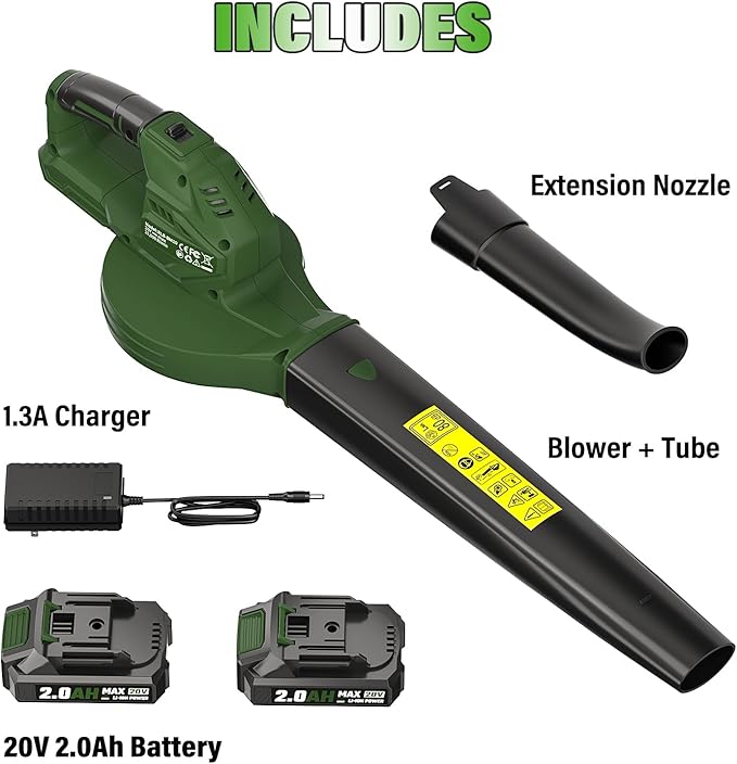 SEYVUM Leaf Blower, 20V Cordless Blower with 2 x 2.0Ah Battery, Electric Leaf Blowers for Lawn Care, 350 CFM 150 MPH Battery Powered Leaf Blower, for Patio, Garden Cleaning, Fast Charger, Dark Green