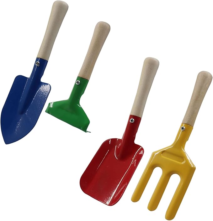 Piutouyar 4 Pack Metal Garden Tool Set, Mini Colorful Beach Tool for Kids, Shovels/Rake/Trowel/Fork Children Beach Sand Tools with Wooden Handle