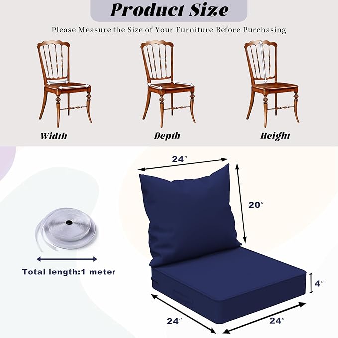 Patio Chair Cushions with Two Replaceable Cover Sets 24x24 Inch, Waterproof Fade Resistant Outdoor Cushions for Patio Furniture, Edge Binding Design with Handle, Adjustable Straps & Hidden Zipper