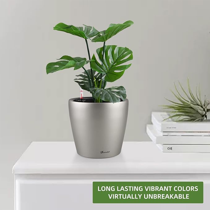 Dexceder 9x8 Self Watering Planter (Smoky Gray Matte) | Inner Pot Design, Thickened Metallic Table Flower Plant Pot with Water Level Indicator Indoor Outdoor