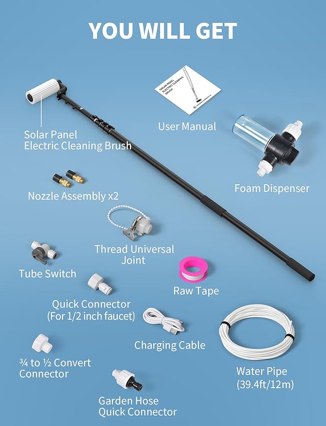 Electric Solar Panel Cleaning Kit, 20FT Solar Panel Cleaning Brush and Pole with Soap Dispenser, Telescopic Water Fed Pole, Solar Panel Cleaner Solution for Windows, Roof, RV