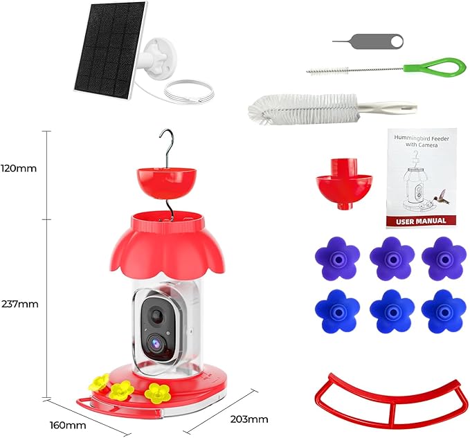 Hummingbird Feeder with Camera, Smart Hummingbird Feeder Camera Solar Powered with AI Identify, Auto Capture Bird Videos & Motion Detection, Ideal Gift for Bird Lovers