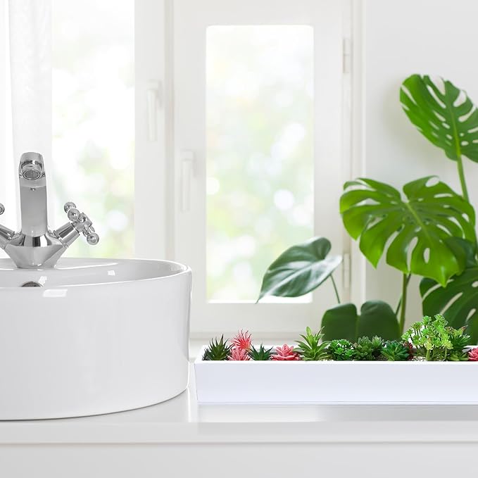 FillTouch 1 Pcs Long Rectangular Planter Box Window Sill Plant Box Metal Water Trough Indoor Large Modern Steel with Drainage Holes Herb Garden Home (32 x 3.5 x 3.5 Inch,White)