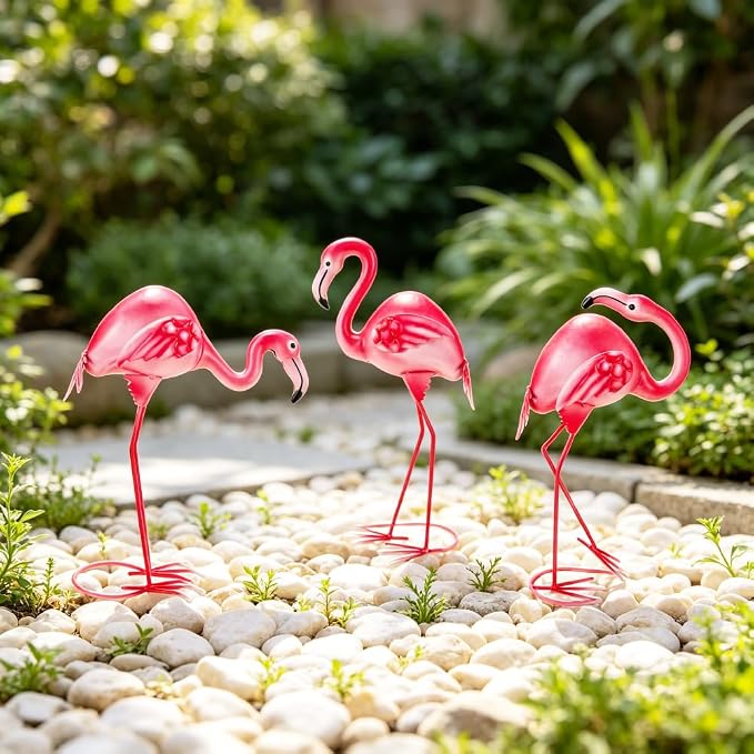 3Pcs Pink Flamingo Yard Decor 15" Metal Yard Art Outdoor Sculptures | Garden Statue Set of 3 Flamingo Birds Lawn Ornarment Tropical Décor for Outside Home Patio Porch Backyard Decorations