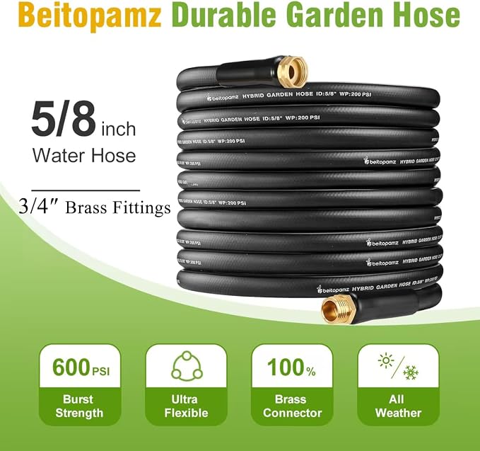 Short Garden Hose 10 ft x 5/8" Female to Female Hose Adapter, Heavy Duty Small Water Hose Extender Connector, Leak-Free Connections Hybrid Rubber Leader Hose with 3/4" Double GHT Fittings, Black