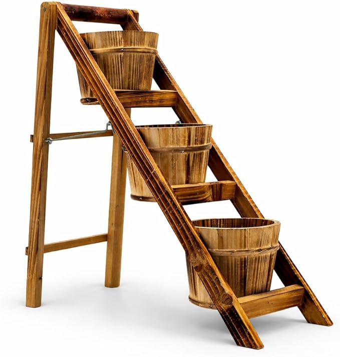 Rustic Foldable 3-Tier Wooden Planter - Space-Saving Vertical Plant Stand for Indoor/Outdoor (Patio, Balcony, Living Room)