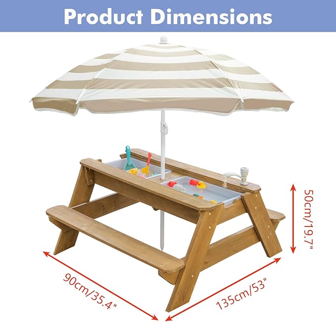Kids 3-in-1 Sand & Water Table, Wood Outdoor Convertible Picnic Table w/Umbrella, 2 Trays, Removable Top with Faucet, Picnic Table for Outdoor Playset (Natural/Brown)